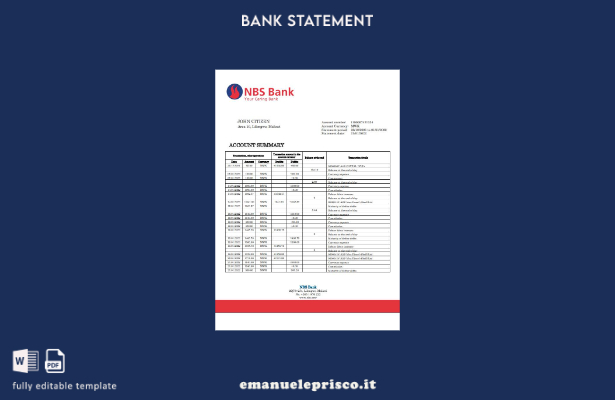modello word di estratto conto bancario Malawi NBS in stile verificato